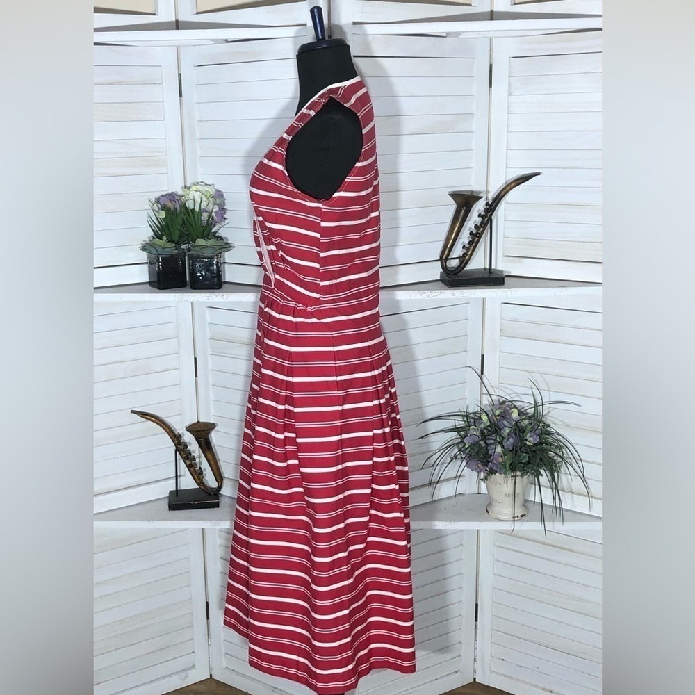 Vintage 80s Lucy Red and White Striped Cotton Nautical Midi Dress S - Picture 3 of 13